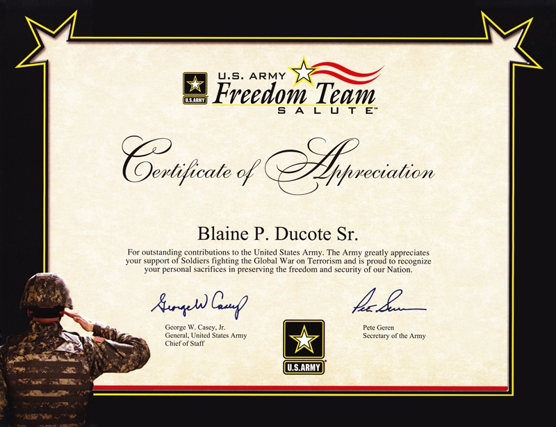 Army Certificate Of Appreciation Template