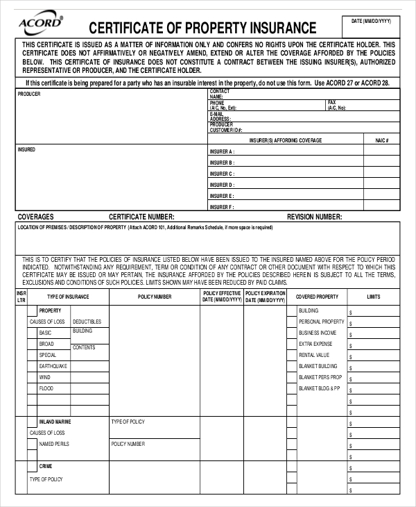 Certificate Of Insurance Template