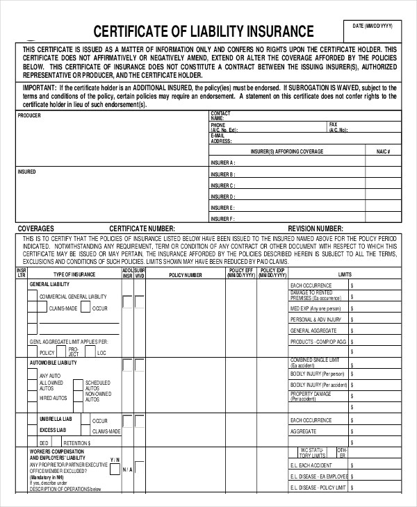 Certificate Of Liability Insurance Template