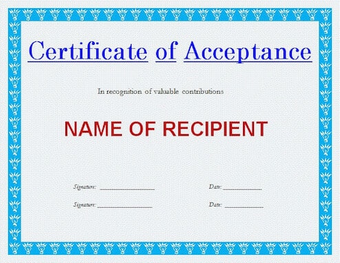 Certificate Of Acceptance Template