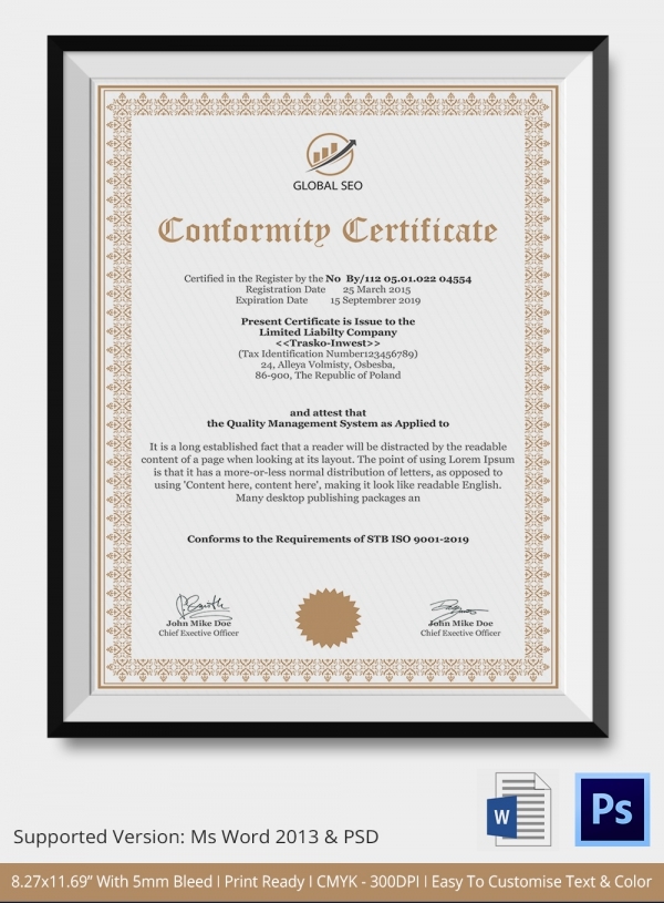 Certificate Of Conformance Template Free