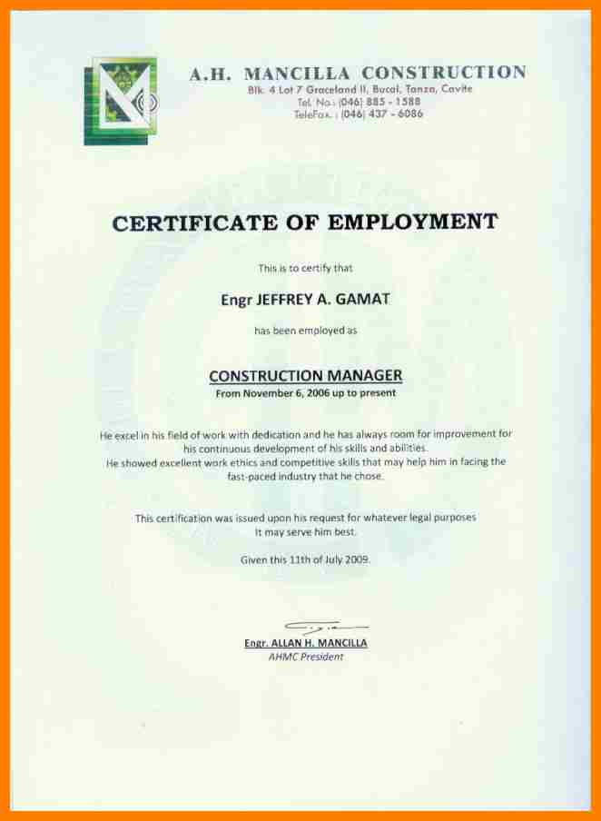 Certificate Of Employment Template