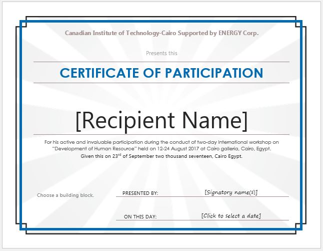 Certificate Of Participation In Workshop Template