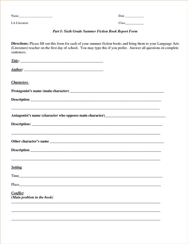 middle school book report template