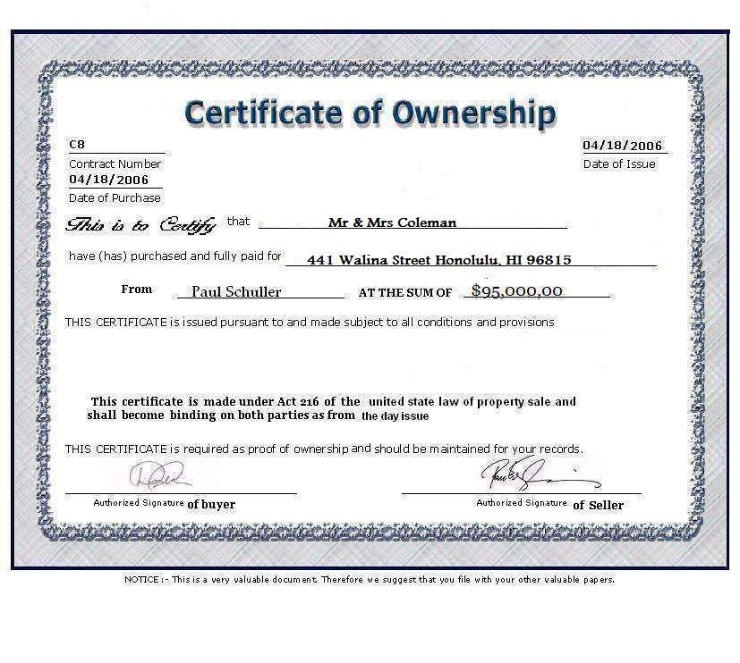 Ownership Certificate Template (6) - TEMPLATES EXAMPLE | TEMPLATES EXAMPLE