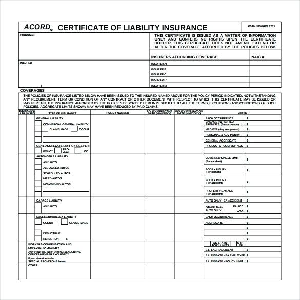 Acord Insurance Certificate Template