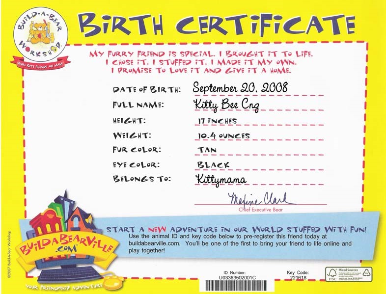 Build A Bear Birth Certificate Template