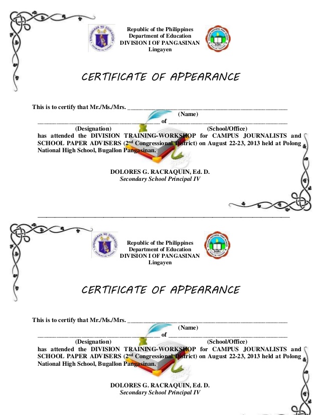 Certificate Of Appearance Template