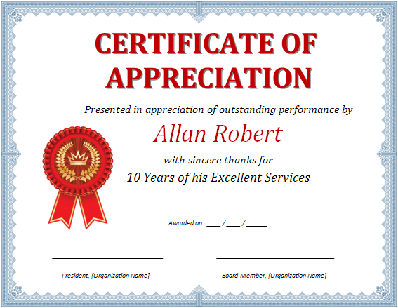 Certificate Of Appreciation Template Doc