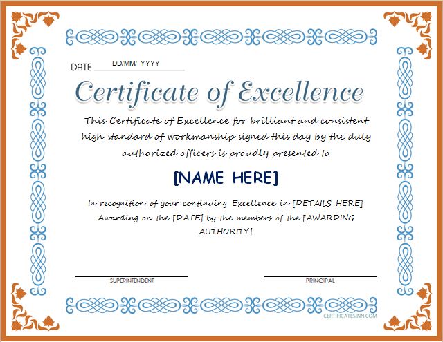 Certificate Of Excellence Template Word