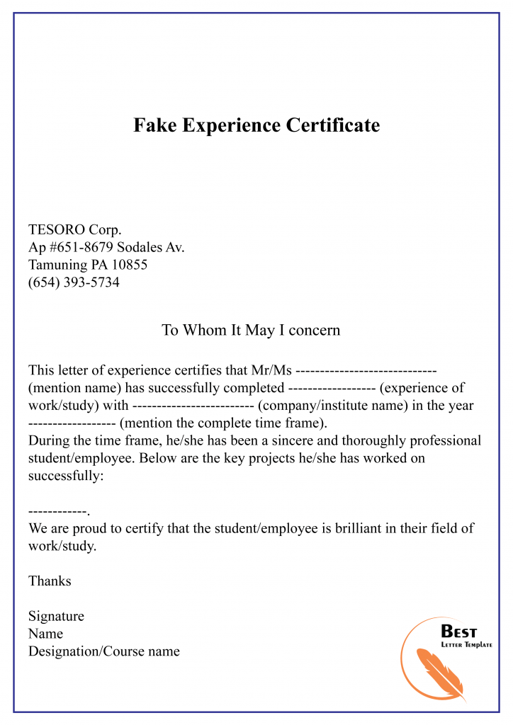 Certificate Of Experience Template