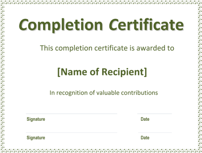 Construction Certificate Of Completion Template