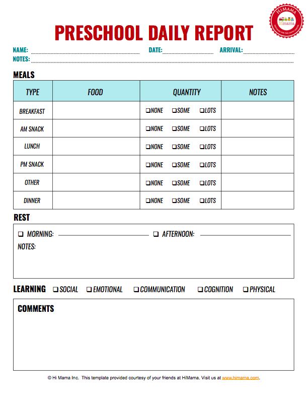 Daycare Infant Daily Report Template