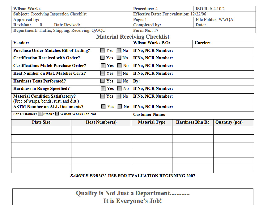 Machine Shop Inspection Report Template