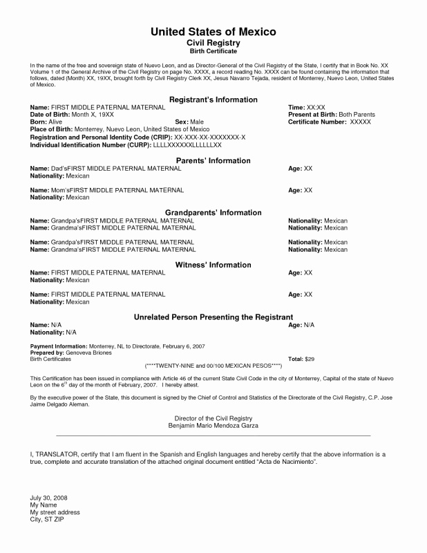 Mexican Birth Certificate Translation Template