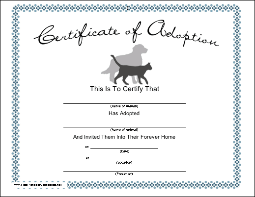 Pet Adoption Certificate Template