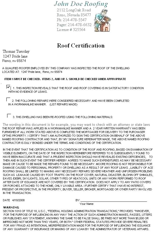 Roof Certification Template