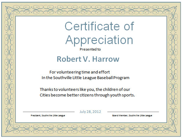 Template For Certificate Of Appreciation In Microsoft Word