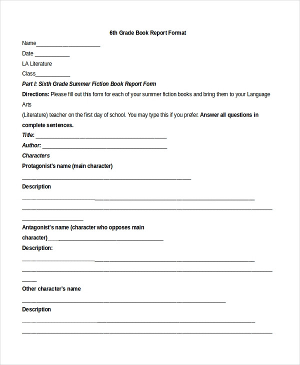 6Th Grade Book Report Template