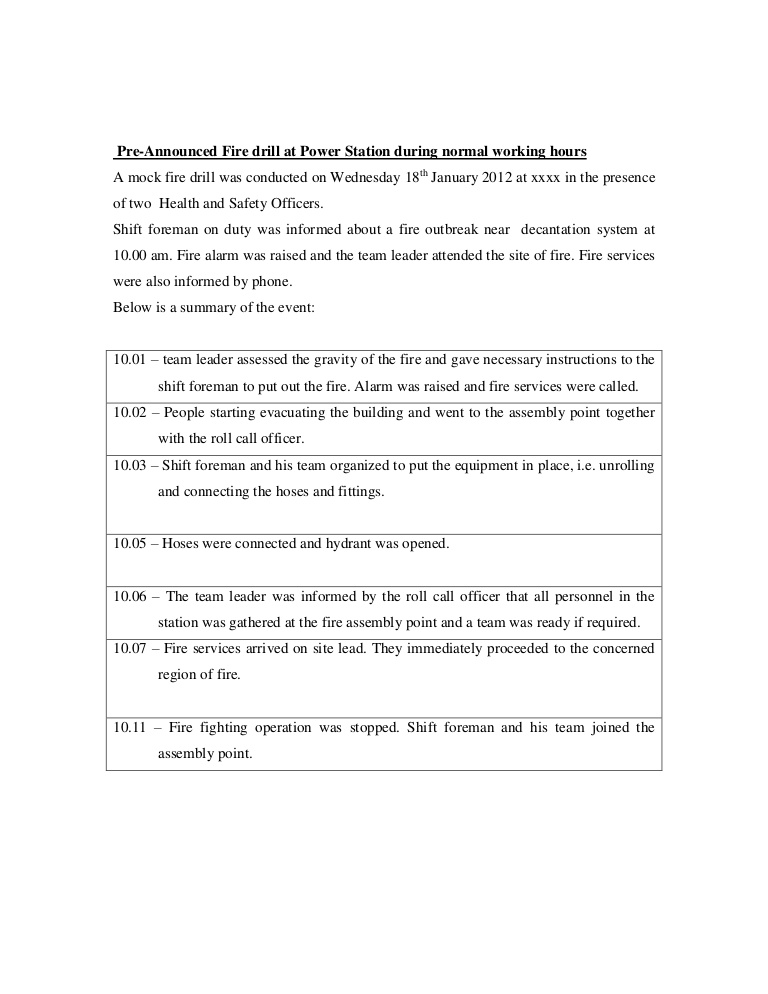 Fire Evacuation Drill Report Template