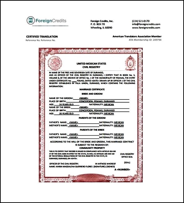 Marriage Certificate Translation Template