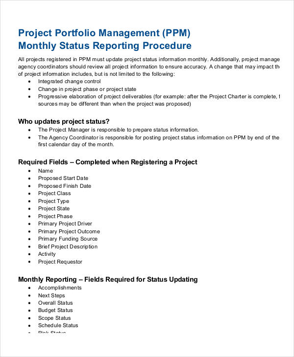 Monthly Status Report Template Project Management