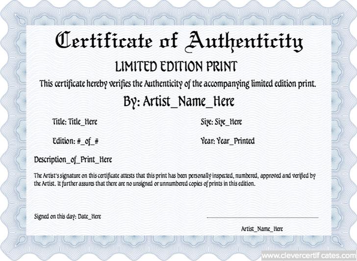 Photography Certificate Of Authenticity Template