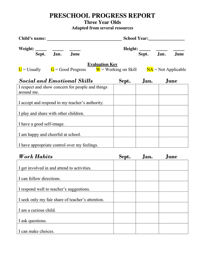 Preschool Progress Report Template