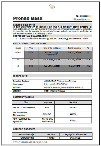 B Tech Fresher Resume Templates