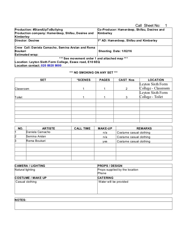 Blank Call Sheet Template