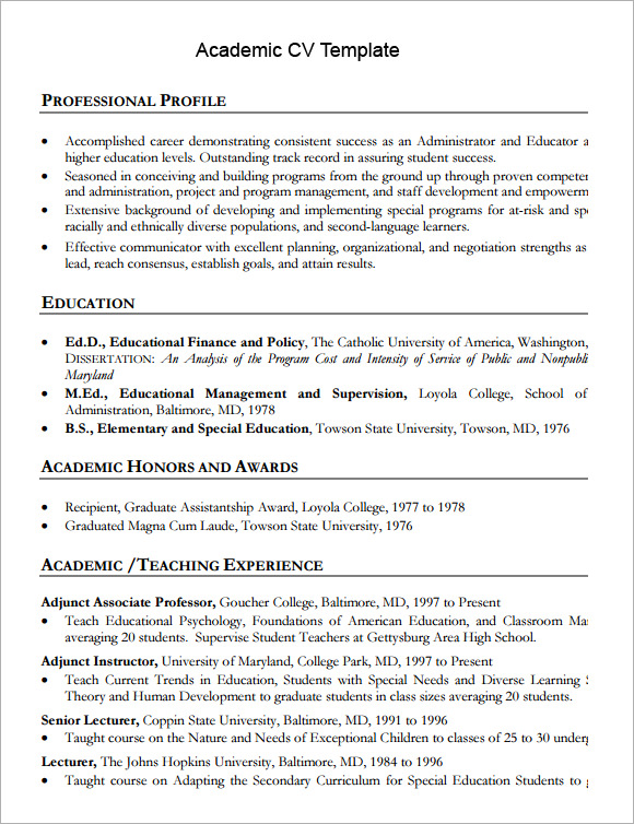 Resume Templates Academic