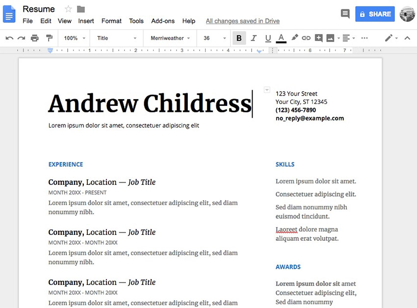 Resume Templates Google Docs