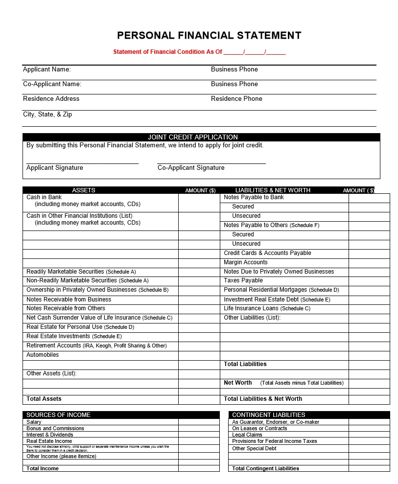 Blank Personal Financial Statement Template