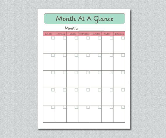 Month At A Glance Blank Calendar Template