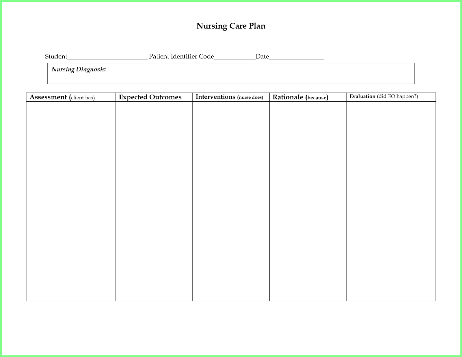 Nursing Care Plan Templates Blank