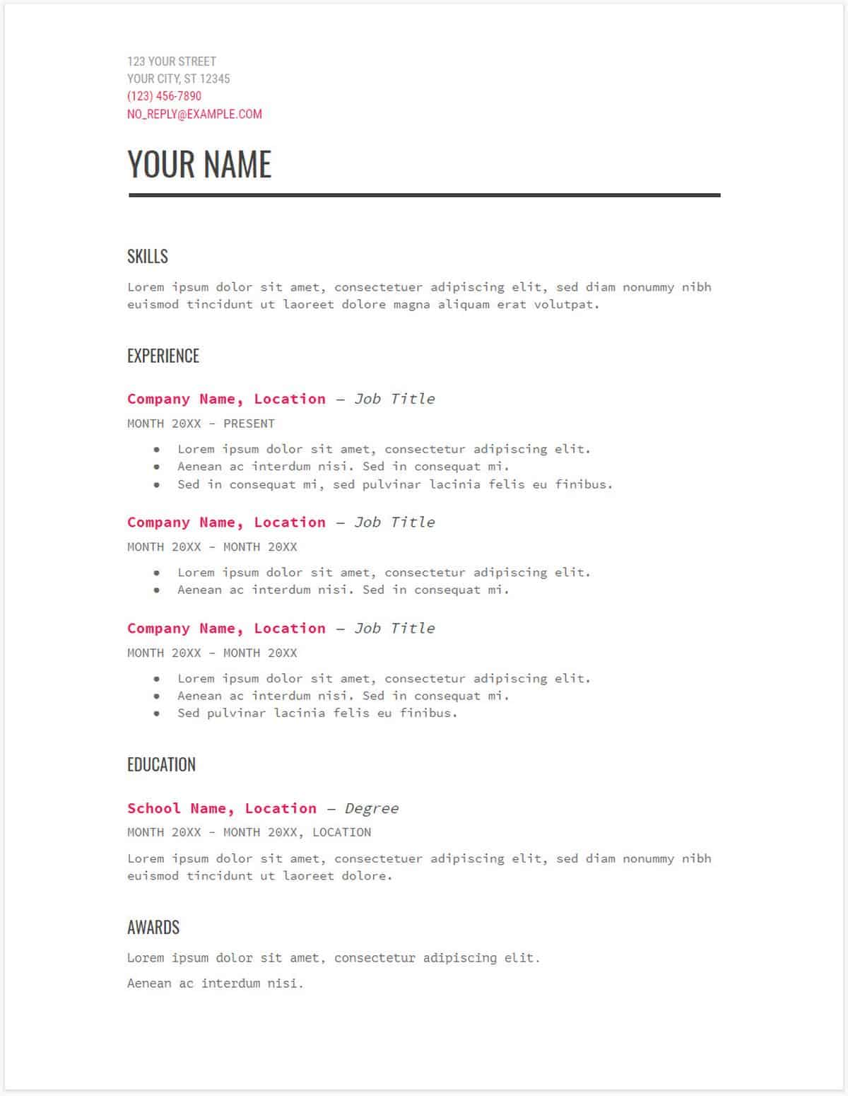 Resume Templates Docs