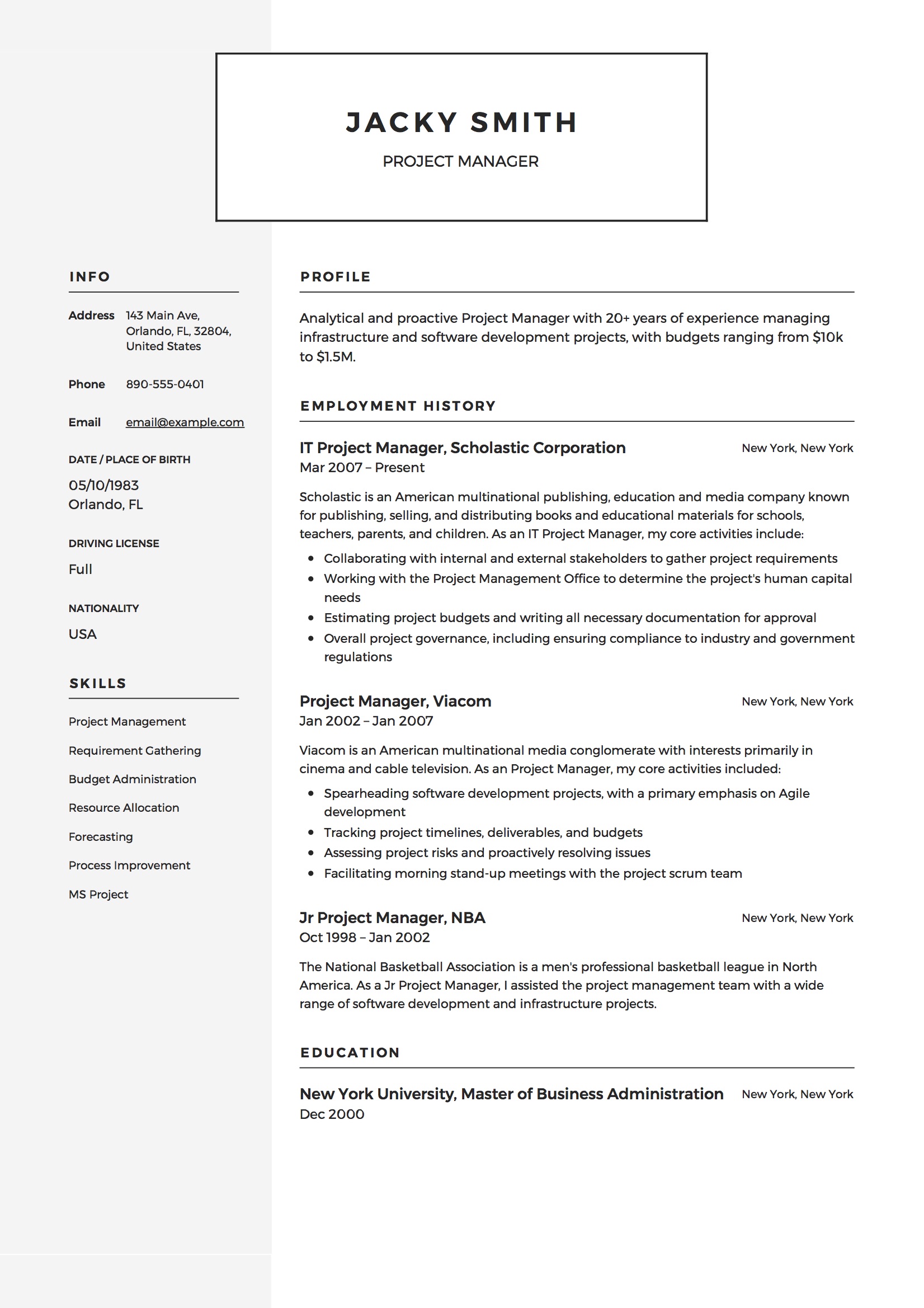 Resume Templates Project Manager