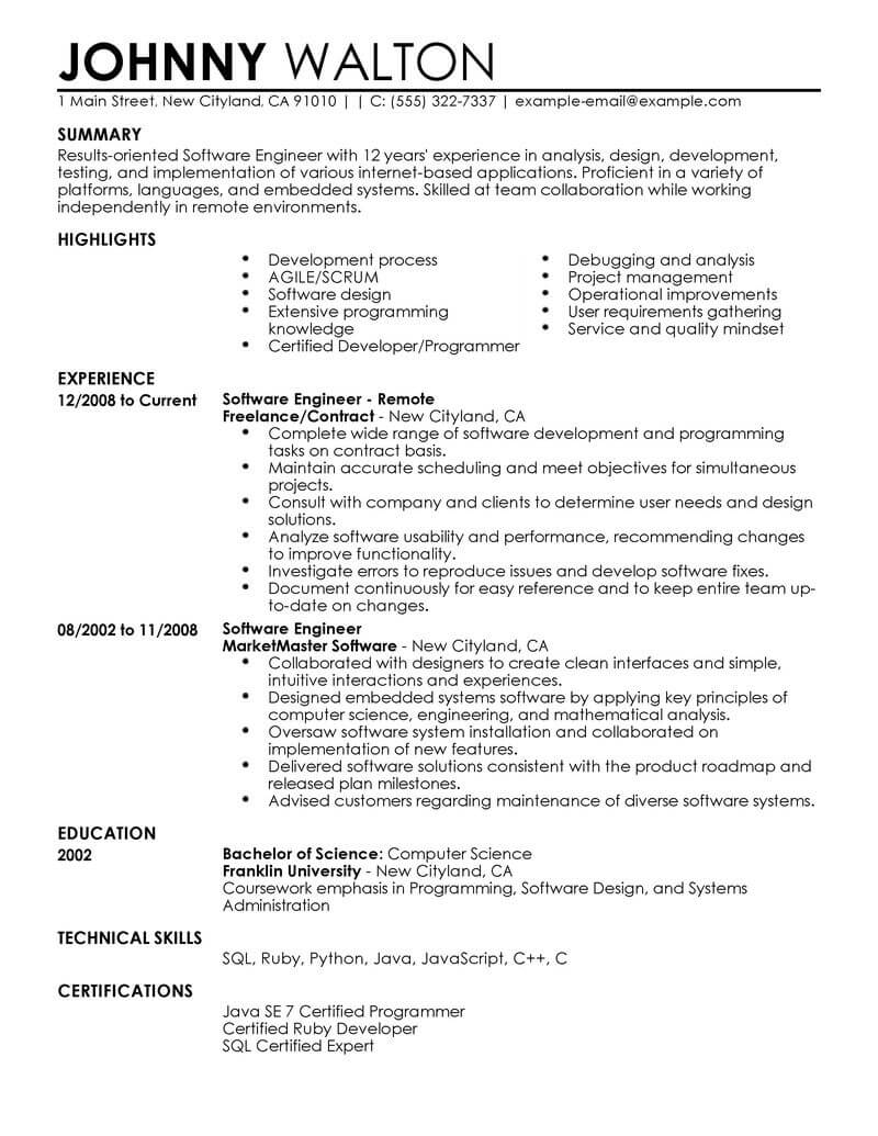 Resume Templates Software Engineer