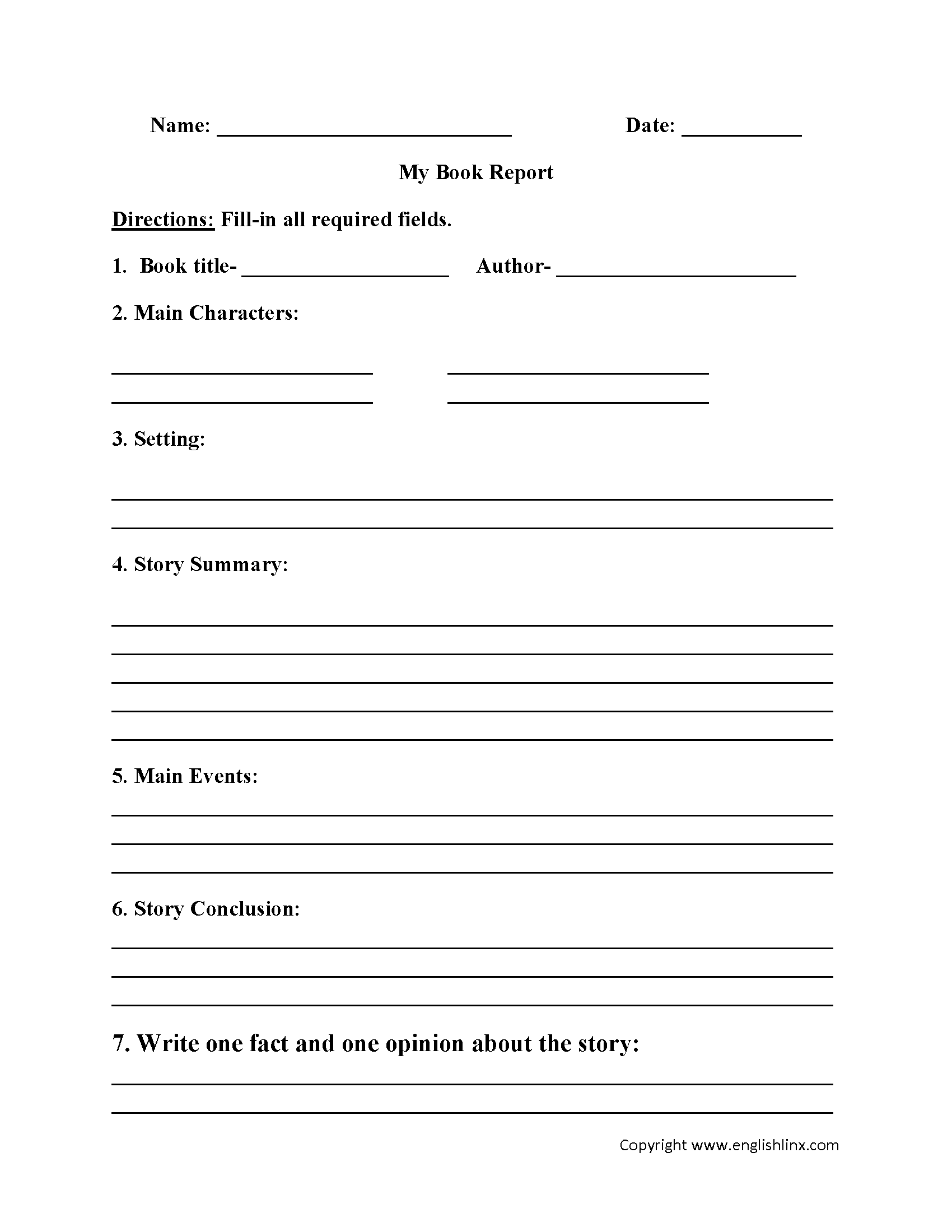 Book Report Template 6th Class