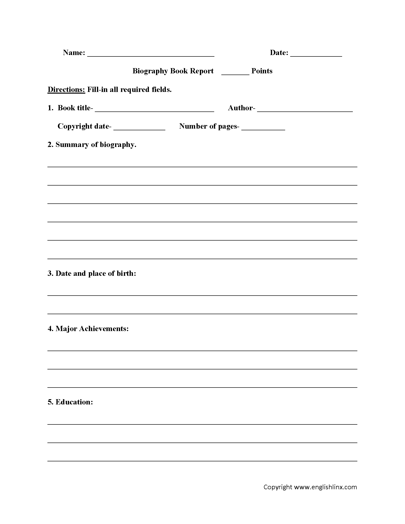 Book Report Template 6th Grade Printable