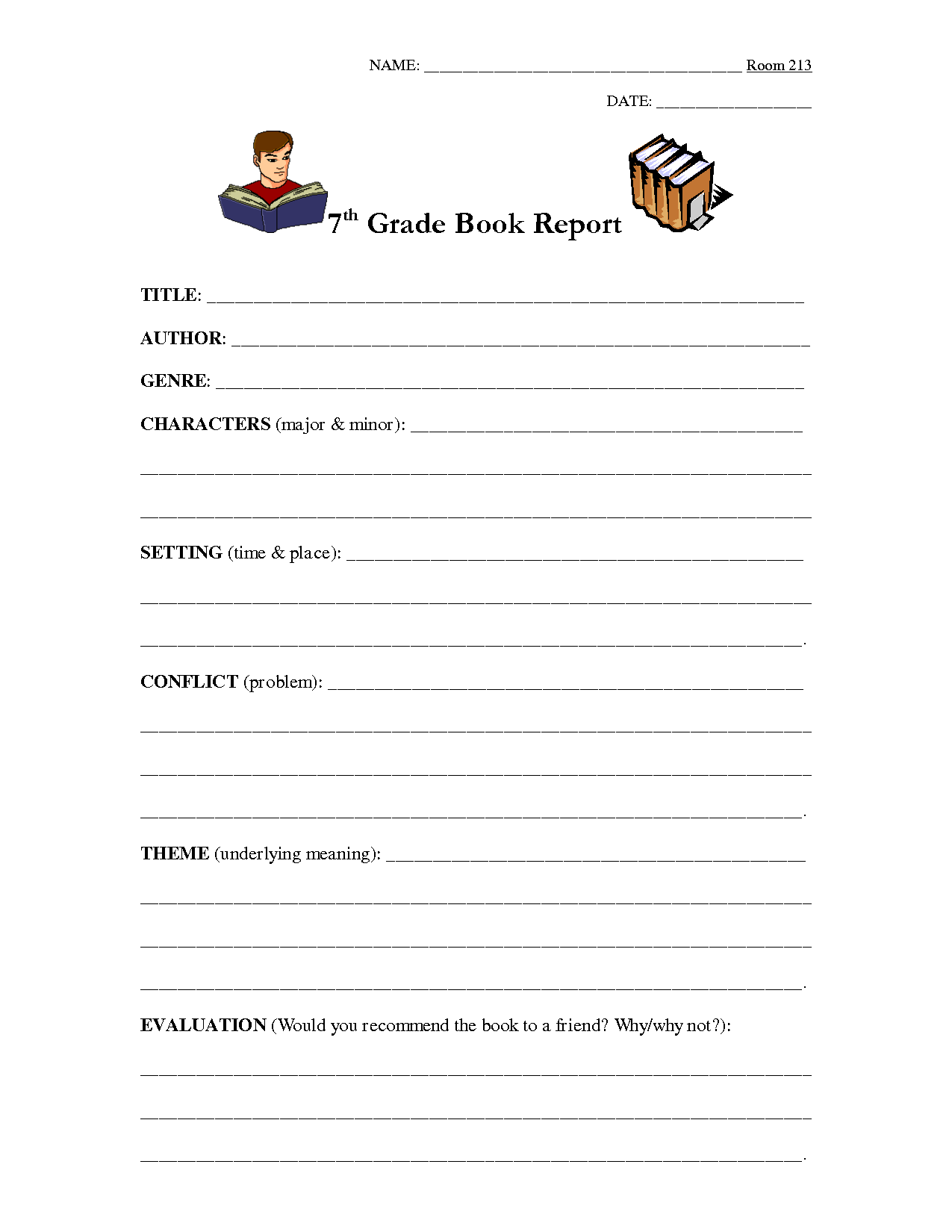 Book Report Template 7th Grade