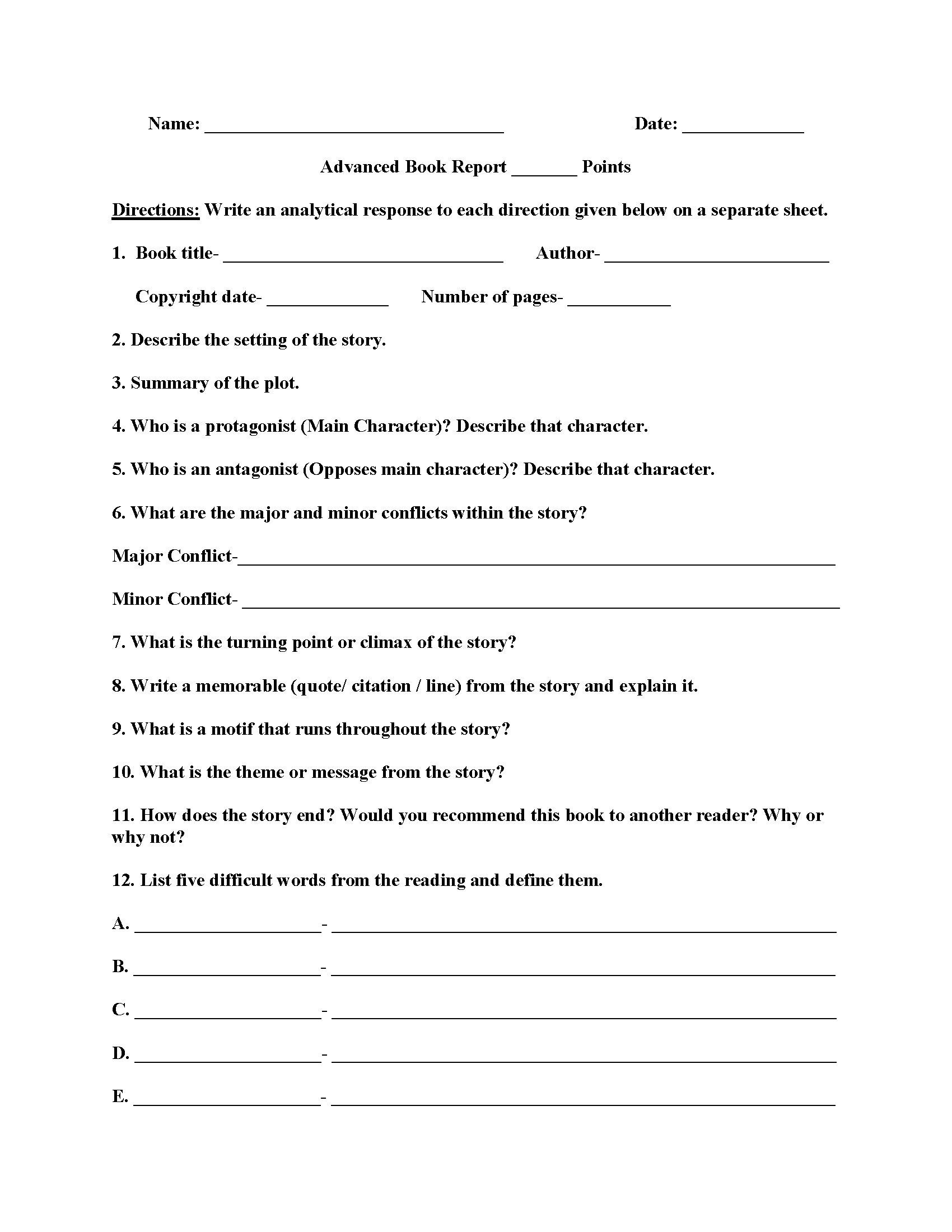 Book Report Template 7th Grade Pdf