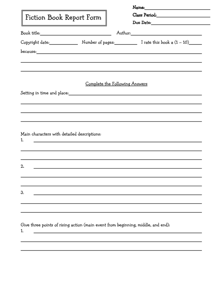 book report worksheet for 7th grade