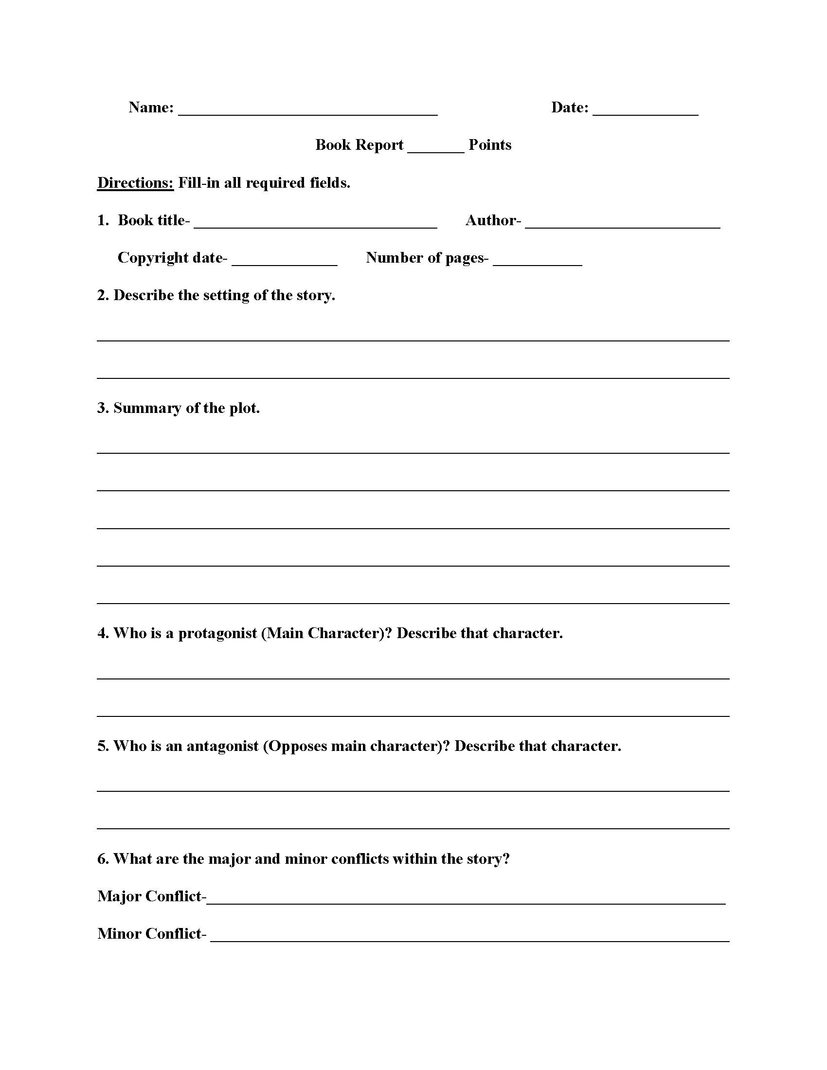 Book Report Template for 7th Graders