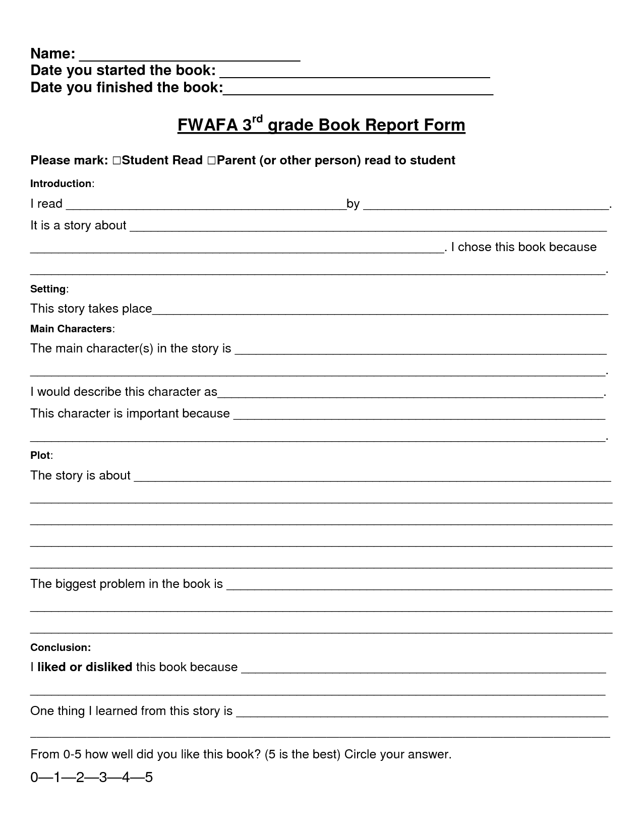 Book Report Template 3rd Grade Free