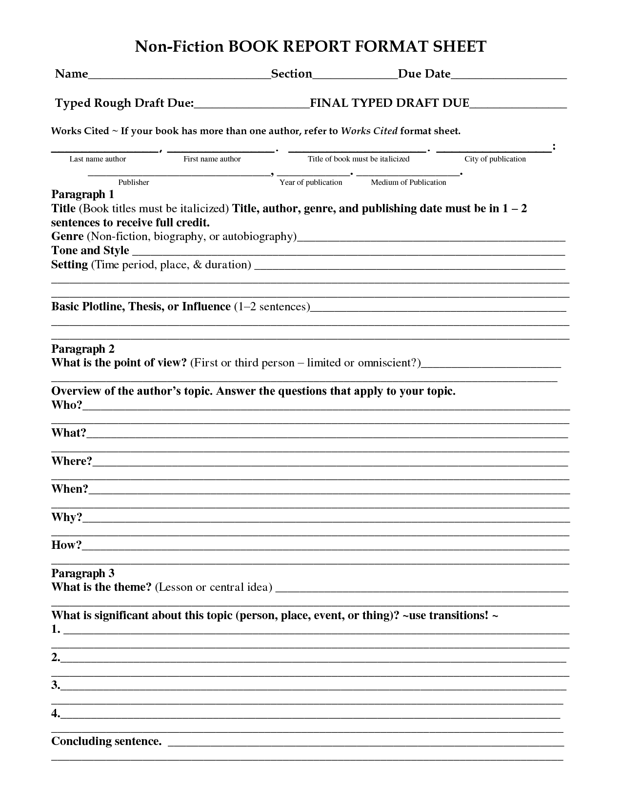 Book Report Template 4th Grade Nonfiction