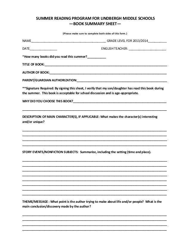 Book Report Template Junior High